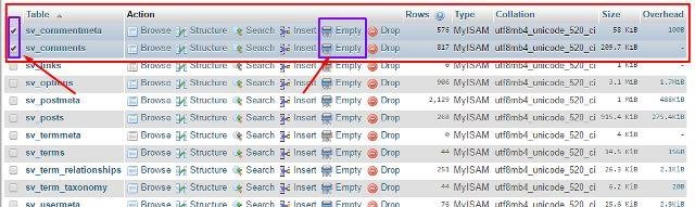 empty comments in phpmyadmin